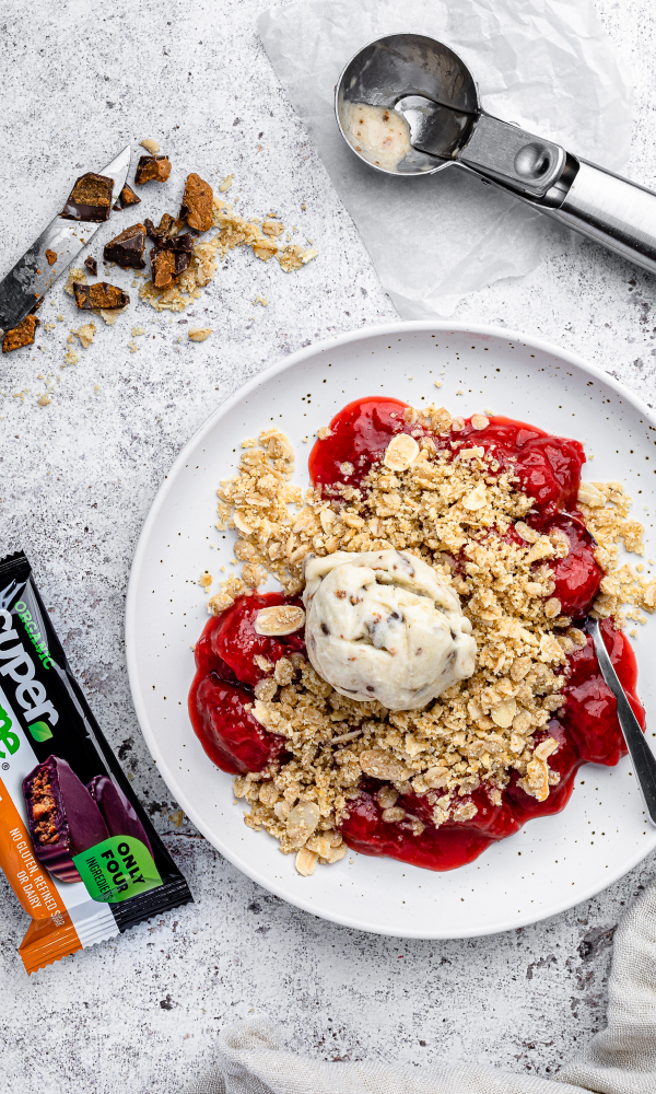 Fruit Crumble with Banana and Peanut Butter Cup Ice-Cream